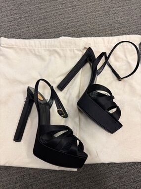 Saint Laurent Black Satin Platform Strappy Heels